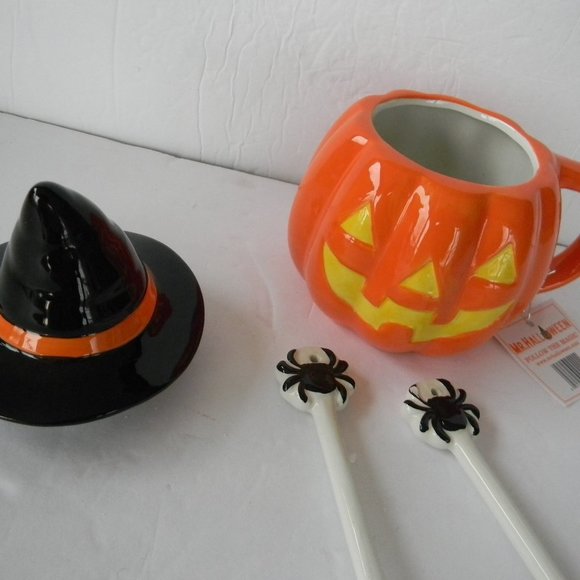 NWT Mr. Halloween JACK-O-LANTERN Ceramic Mug w/ Lid & Spoons - Picture 2 of 5